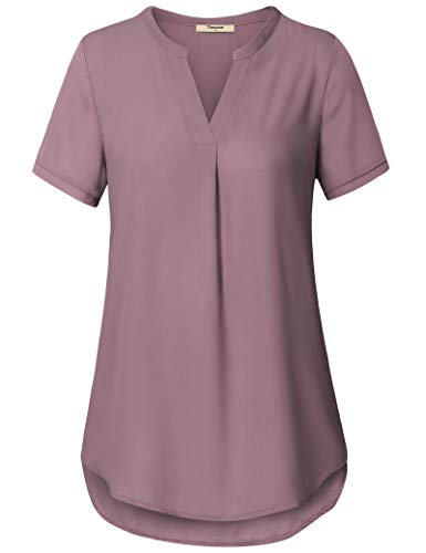 Timeson Womens Blouses Short Sleeve, V Neck Chiffon Tunics Tops Curved Hem Sheer Dressy Leggings Shirts Business Attire Summer Professional Light Violet X-Large