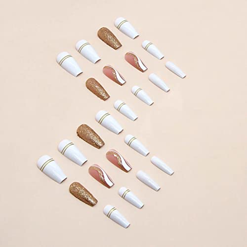 RikView White Press on Nails Long Fake Nails Coffin Nails Glossy Full Cover Nails 24 PCS