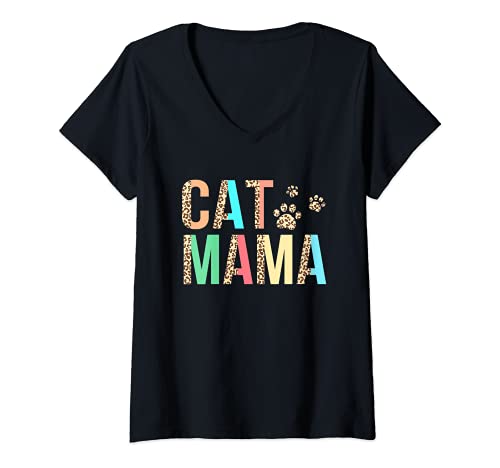 Mujer Cat Mama Vintage Leopardo Estilo Guepardo Retro Cat Mom Camiseta Cuello V