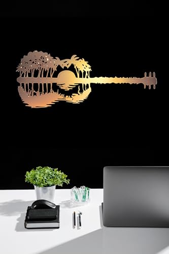 Image of METSY Wall Decor Metal Wall Decor Guitar Art|Wall Hanging Decor Abstract Guitar Sunset With Palm trees For Home Decoration with backlit (90cmx 38cm x1.2mm)