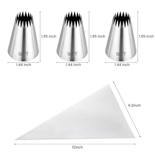 Kasmoire 3Pcs Churro Piping Bags and Tips Set,Stainless Steel 9FT Icing Tips Set with 10Pcs Disposable Piping Bags,Open Star Pastry Tips for Cake Decorating