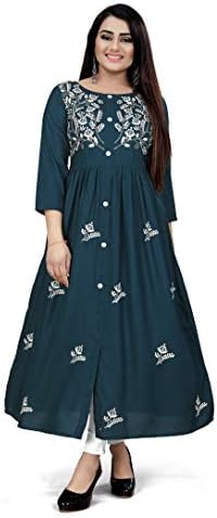 Women's Rayon Flared Embroidery Kurti Under 599 Designer Attractive Look Women's Kurta