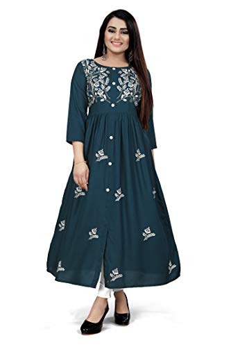 Image of Women's Rayon Flared Embroidery Kurti Under 599 Designer Attractive Look Women's Kurta
