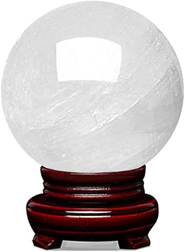 White Crystal Stone Crystal Ball Feng Shui Round Ball Ornament Polished Power Stone Divination Sphere ith Wood Stand for Display
