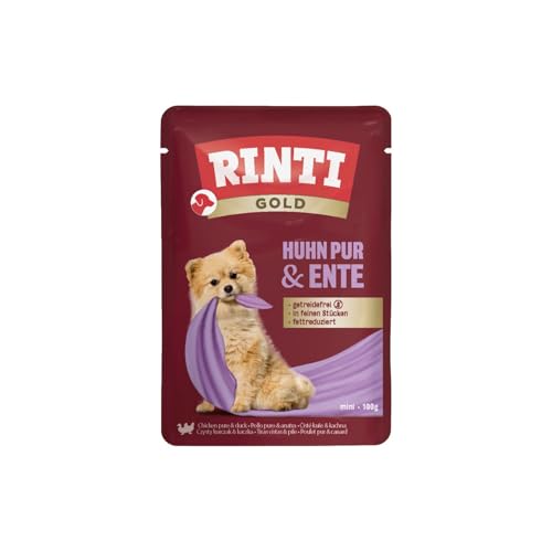 RINTI - Gold | Leicht verdauliches Nassfutter für kleine, ausgewachsene Hunde. Alleinfutter im Frischebeutel ohne Formfleisch, Soja oder künstliche Zusätze | 10x100g Huhn Pur + Ente