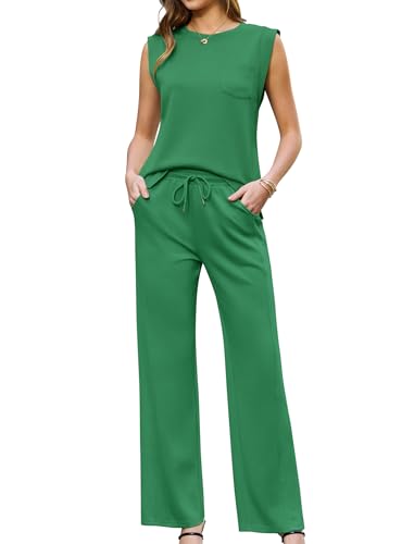 difficort Womens Sets 2 Piece Outfits Round Neck Vest Sleeveless Tops Wide Leg Pants Outfits Summer 2026,Green,Large
