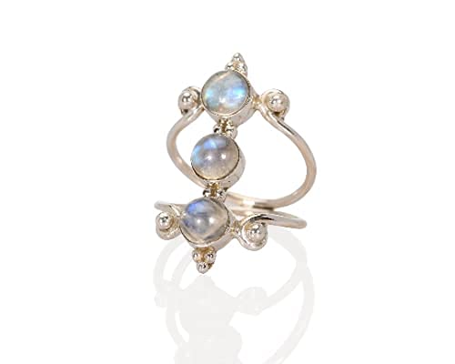 Boho Moonstone Ring, Unique Sterling Silver Natural Rainbow Moonstone 3 Stone Ring for Women, Size US 9.5, Handmade Jewelry by Lilyom