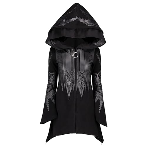 Generisch Donna Casual Fashion Dark Punk Gothic stampato nero lungo felpa con cappuccio stampato con stampa giacca mezza stagione donna 50, Nero , L