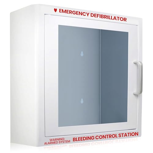 Image of AED Wall Mounted Cabinet with Bleeding Control Kit Storage, AED defibrillator for home, Large 17.4x17.3x6.9 Inch, Durable Metal Cabinet with Clear Window & Door Activated Alarm, AED cabinet wall mount