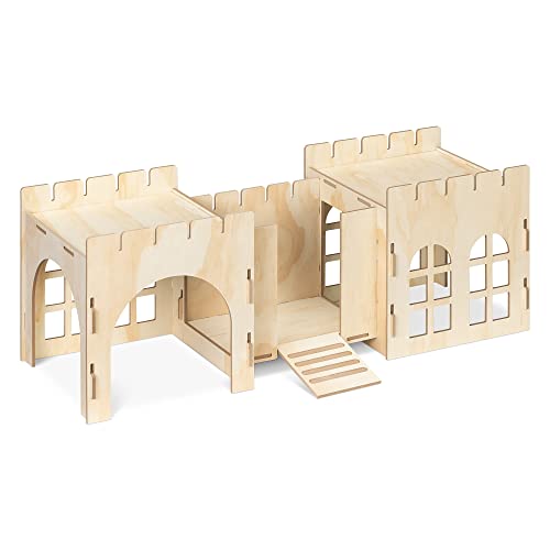Navaris Abri Lapin Bois - Maison cabane 69 x 24 x 25,5 cm avec 2 cachettes pour Lapin Nain Cochon d'Inde Rongeur en Bois - Château Porte fenêtre
