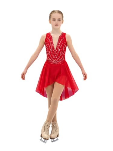 Hansber Fille Robe Danse Justaucorps Gym Patinage Artistique Paillettes Jupe Chiffo Rouge 9-10 Ans