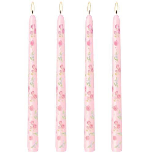 10 Inch Pink Taper Candles,4pcs Handmade Unscented and Smokeless Tall Candlesticks-8 Hours Burning Time, Rose Floral Taper Candles-Ideal for Mother Day,Weddings, Dinner Parties, and Home Decor