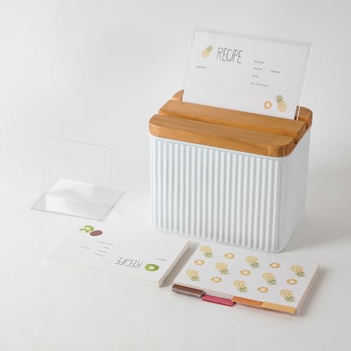 HOME PALETTE Recipe Box with Cards and Dividers Set 4x6 Recipe Holder for Kitchen Counter Metal White Vertical Stripe Pattern Embossed Recipe Card Box with Wooden Grooved Lid by HOME PALETTE - Image 7