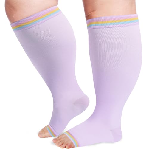 Image of LOUSGUTA Open Toe Plus Size Compression Socks for Women & Men 15-20 mmhg Toeless Wide Calf Compression Support Knee High Socks