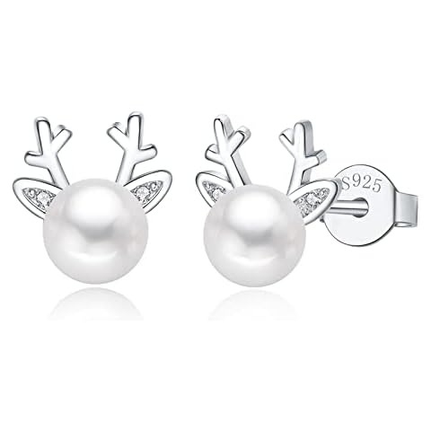 Josfeva Christmas Silver Stud Earrings for Women, 925 Sterling Silver Reindeer Stud Earring with Cubic Zirconia, 7mm Xmas Silver Pearl Deer Small Sleeper Cartilage Earring Gift for Christmas Birthday Cover