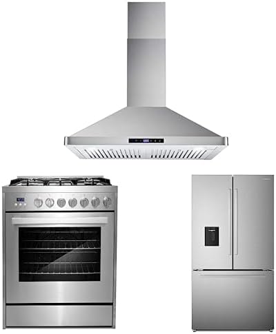 Cosmo 3-Piece, 36" Gas Range 30" Wall mount range hood & French Door Refrigerator