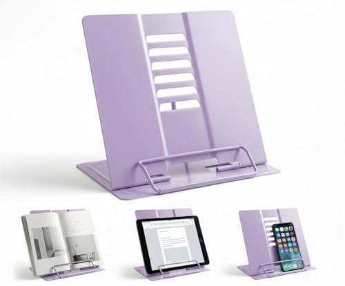 Shteriva Atril para Libros de Metal Ajustable y Plegable, Atril de Lectura para Estudio y Oficina, Soporte Libros para Leer con 6 Ángulos, Base Antideslizante, Color Morado