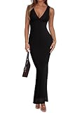 REORIA Women's Summer V Neck Sleeveless Wedding Guest Maxi Dress Sexy Mesh Bodycon Long Dresses Black Onyx Medium