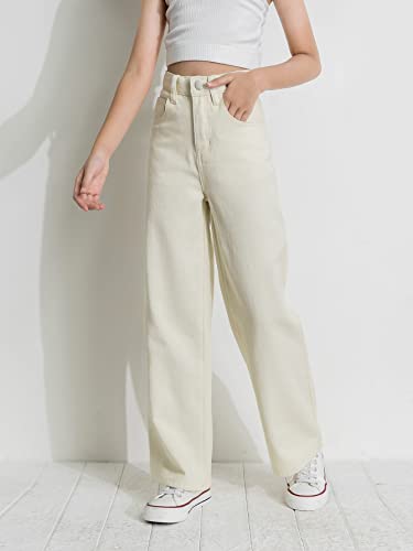 Wdirara Girl's High Waist Straight Leg Long Jeans Casual Button Denim Pants Beige 140 #TOP3