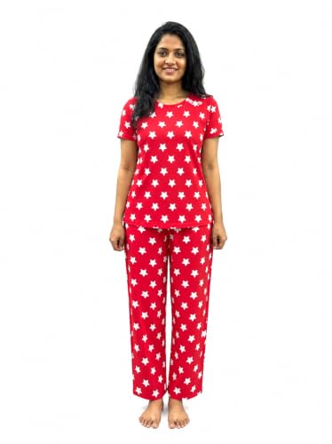 Image of Women's Night Dress | Printed Cotton Night Suit | Pyjama Set with Top and Bottom | Sleepwear | Ladies Night Dress | Casual Nightwear with Pocket | T-Shirt and Pant | Co-ord Set