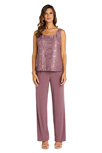Image of R&M Richards Plus Size Women's 3 Piece Scalloped Sequin Lace Pant Suit - Mother of The Bride Outfit (Dark Rose, 18)