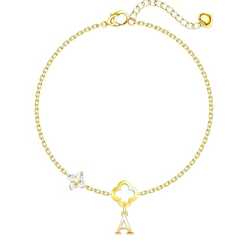 TUANZISP Initial Clover Bracelets for Women, 16K Gold Plated Hand Chain Dainty Cubic Zirconia Clover Lucky Letter A Name Bracelet Hypoallergenic Jewelry Cute Trendy Gifts