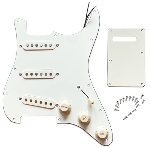 LAMSAM Prewired 6 String Electric Guitar Pickguard Loaded Modern Tone Single Coil Pickups, Pick Guards Wired Alnico 5 SSS Pickup Set Volume Tone Pots 5-way Switch, Backplate Included, Off White