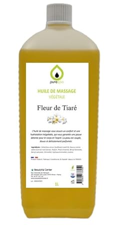Purespa Aceite de Masaje con Aroma Vegetal - Masaje 100% Relajante y Exótico Natural (Flor de Tiaré, 1 Litro)