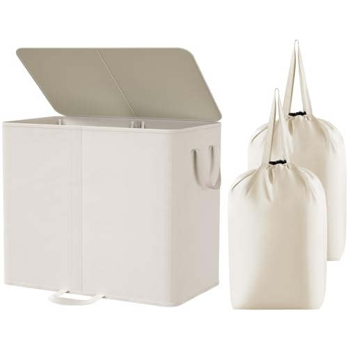 Lifewit Double Washing Basket For Laundry 105L Divided Laundry Bin with Lid and Removable Bags Collapsible 2 Compartments Hamper with Handles for Bedroom Bathroom College Dorm White