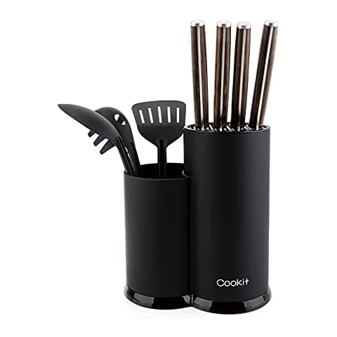 Cookit Messerblock Ohne Messer, Universal runder Messerblockhalter unbestückt mit utensilienhalter, Messerblock leer - Hält 12 8-Zoll-messer, Für alle Küchenmesser geeignet, Schwarz Cover