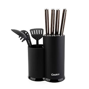 Cookit 2 in 1 Round Kitchen Knife Holder & Utensil Organizer, Universal Knife Block with Scissor Slot, Easy Cleaning, Space Saving, Black