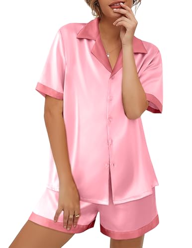 Image of Ekouaer Womens Silk Satin Pajama Set Short Sleeve PJs 2 Piece Button Down Top and Shorts Notch Collar Sleepwear Sets Soft Pjs