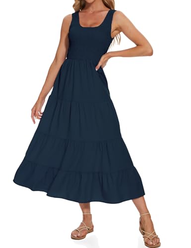 Image of Women's Summer Smocked Maxi Dresses Sleeveless U Neck Ruffle Hem Tiered A Line Flowy Dress