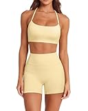 SUUKSESS Women 2 Piece Workout Sets Padded Halter Sports Bras High Waisted Biker Shorts with Pockets Built in Bra Athletic Tops (Yellow, XS)