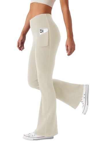 Glacspyg Yoga Pants Women with Pockets Leisure Jogging Pants High Waist Sports Pants Elastic Wide Bootcut Jazzpants Khaki XS