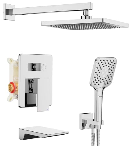 Image of Gabrylly Shower System with Tub Spout, Wall Mounted Tub Shower Faucet Set for Bathroom with High Pressure 10 inch Rain Shower head and 3-Setting Handheld Shower Head Set,Chrome