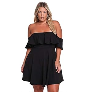 ROSIANNA Women's Off Shoulder Strapless Ruffle Mini Plus Size Swing Dresses (Black, x_l)