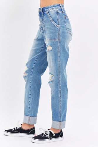 Judy Blue High Waisted Patch Pocket Distressed Boyfriend Jeans for Women Stretch Denim Comfortable Fit Versatile - 888254
