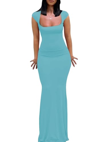 Image of Womens Summer Cap Sleeve Square Neck Elegant Casual Lounge Bodycon Slim Maxi Evening Party Long Dress