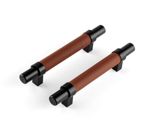 Brute Strength, Furniture Handles, Steel & Full Grain Leather, 96mm Hole Spacing, Black & Brown, Pack of 4
