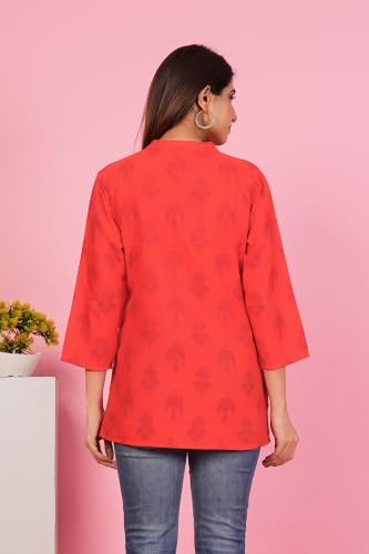 Image of Women's Red Printed Short Kurti Top with 3 /4 Sleeves