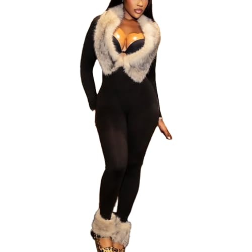 Women's Sexy Black Jumpsuit Faux Fur Deep V Neck Long