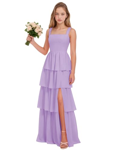 Junior Bridesmaid Dresses for Wedding Lavender Chiffon Flower Girl Dress with Sleeveless Tiered Formal Gown Size 13-15