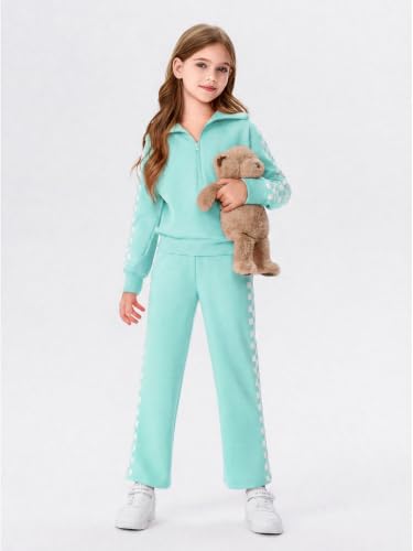 Image of Haloumoning Girls Sweatsuit 2 Piece Zip Long Sleeve Sweat Outfits | Half Zip,Waist drawstring,girls tracksuit
