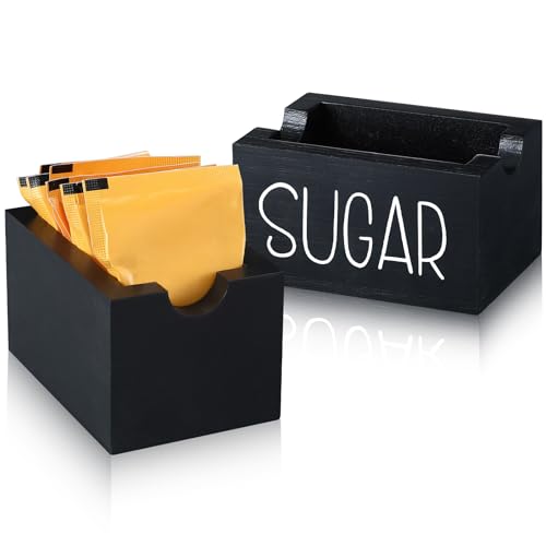 Spiareal 2 Pcs Sugar Packet Holder Farmhouse Sugar Packets Caddy Wood Sugar Packet Basket Small Sugar Caddy Sugar Packet Organizer for Coffee Bar Tea Storage, 3.5\" x 2.3\" x 2\" (Black)