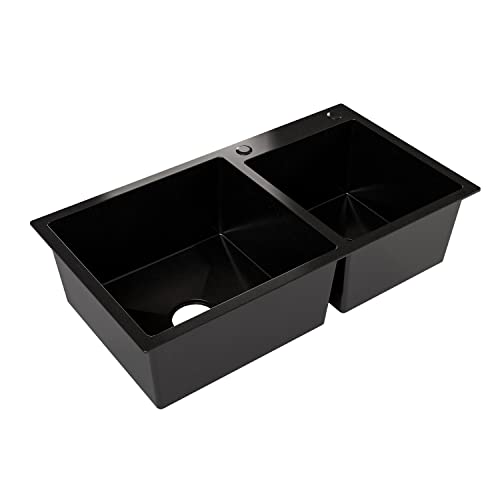 Lifezcime 30.7*16.9*8.5"Drop In Black Kitchen Sink, Undermount 60/40 Double Bowls,11 Gauge 304 Stainless Steel Top Mount Kitchen Sink Basin Withbasket Strainer, Tight Radius Brushed, 1 Faucet Hole #TOP5