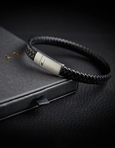 Luxar Men’s Genuine Interwoven Black Leather Braided Bracelet | Brushed Stainless Steel Clasp | Large (7-7½ Inch Wrist) | Male Jewelry #TOP1
