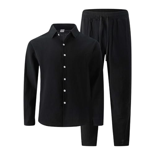 Mens Casual 2 Piece Outfits Lapel Neck Button Down Long Sleeve Shirts and Long Pants Set 2025 Trendy Vacation Outfit