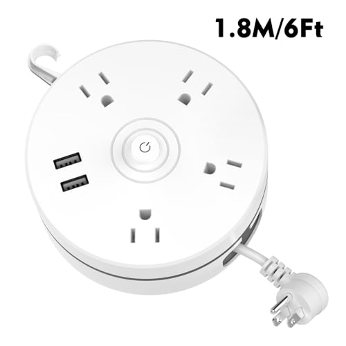 HITRENDS Multitomas de Viaje con Puertos USB, Cable de Extensión de 1.83 m, Multitomas Circular Retráctil con 4 Tomas y 2 Puertos USB, Montable en Pared con Gancho, Blanco miniatura 5