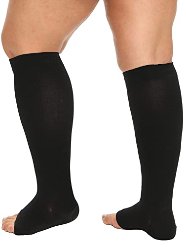Image of 4XL Plus Size Wide Calf Open Toe Compression Socks, Women, Men, Toeless, Comfy Soothing Support, Circulation, Pain, DVT, Varicose Veins - 20-30mmHg